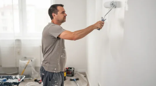 Artisan peintre professionnel appliquant de la peinture au rouleau sur mur intérieur