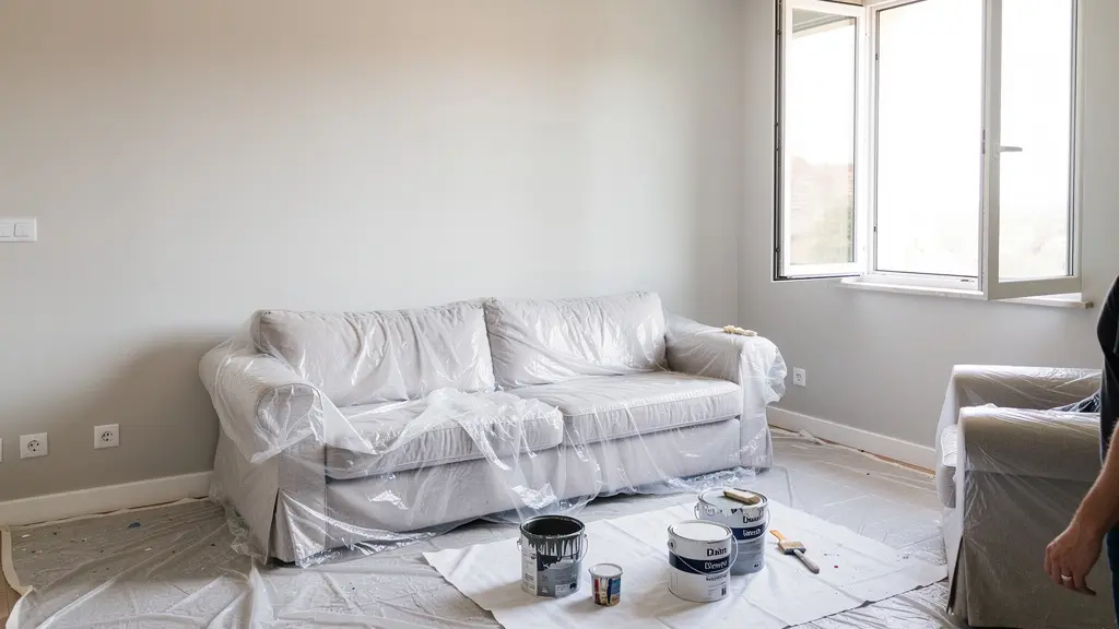 Salon fraîchement peint en couleur claire avec finition impeccable