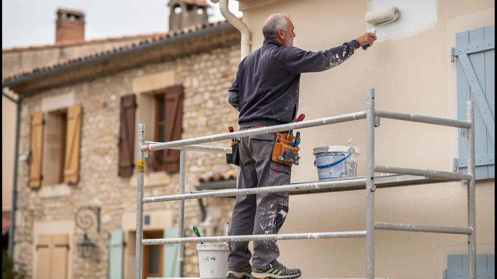 Artisan peintre appliquant peinture sur façade depuis échafaudage dans village provençal
