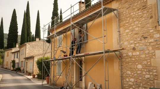 Façade maison provençale en pierre et enduit ocre avec échafaudage de chantier ravalement