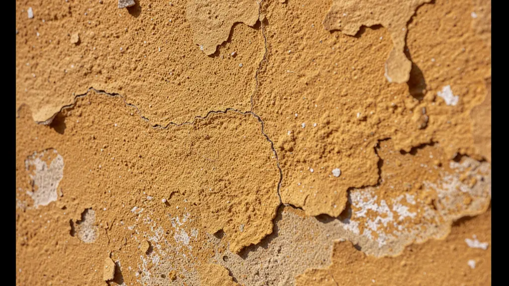 Gros plan texture façade provençale abîmée avec écaillage peinture et micro-fissures dues au soleil