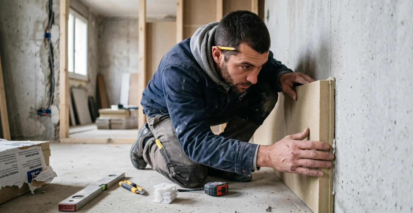Artisan professionnel installant un panneau d'isolation thermique sur un mur intérieur d'appartement en cours de rénovation énergétique en France
