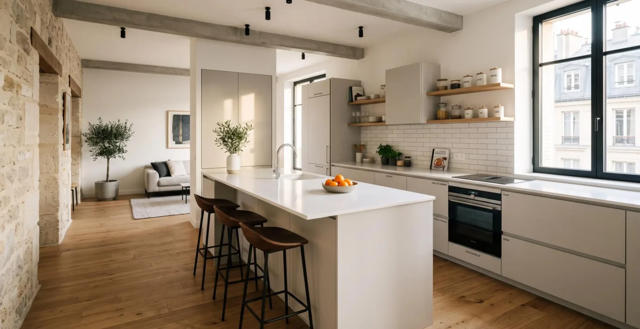 Cuisine moderne rénovée dans un appartement urbain français, avec plan de travail en quartz clair, îlot central, électroménager encastré et lumière naturelle abondante, prête pour une mise en vente immobilière