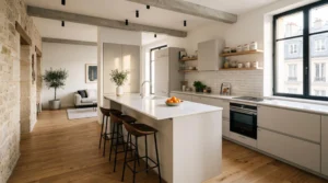 Cuisine moderne rénovée dans un appartement urbain français, avec plan de travail en quartz clair, îlot central, électroménager encastré et lumière naturelle abondante, prête pour une mise en vente immobilière