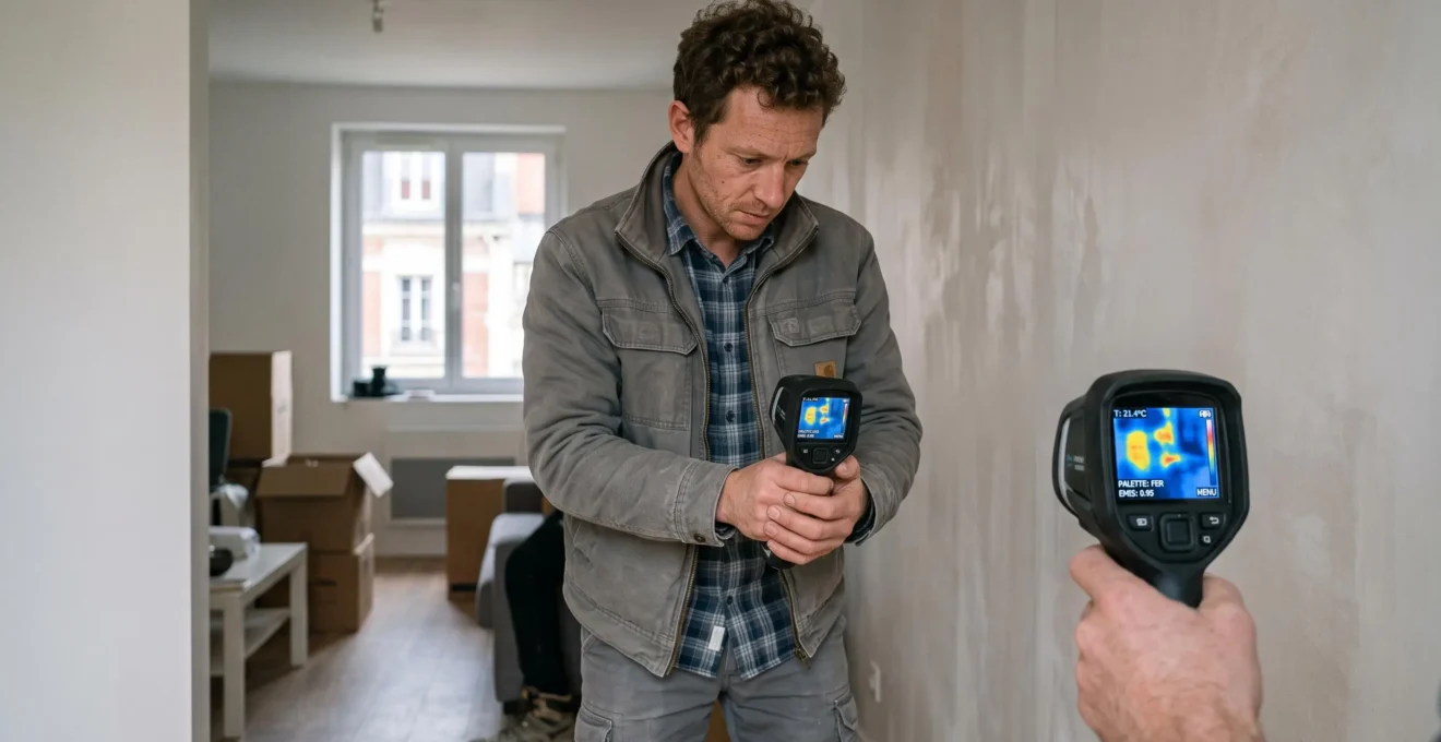 Diagnostiqueur immobilier utilisant une caméra thermographique pour inspecter l'isolation d'un mur dans un appartement français, dans le cadre d'un diagnostic de performance énergétique